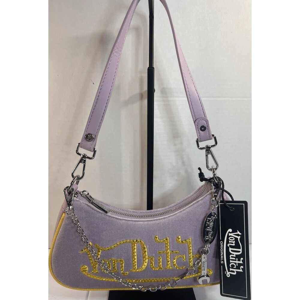 Von Dutch Purple Velvet Shoulder Bag Y2K Rhinestone Logo Chain Charm NWT